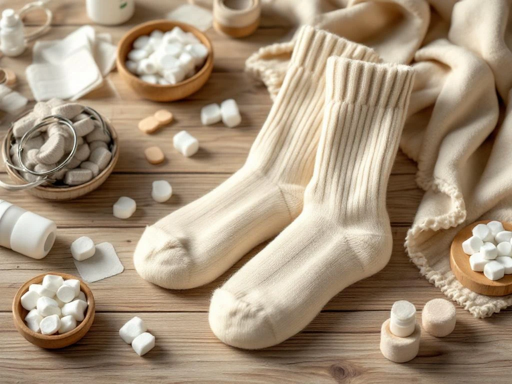 Wollen sokken in crème tinten naast medische benodigdheden zoals verband en antisepticum op houten ondergrond